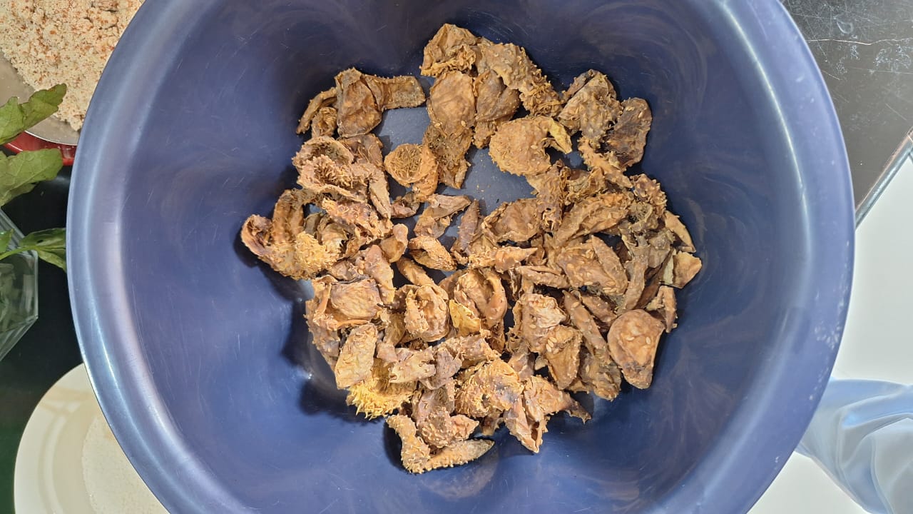 Dried Cucumis metuliferus (Horned Melon) in a blue bowl ready for cooking